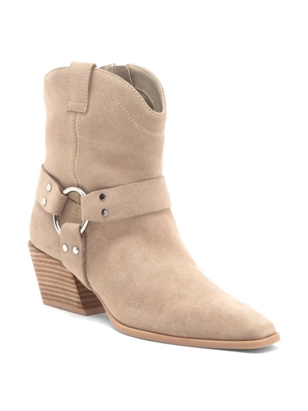 Suede Harness Ankle Bootie in Taupe